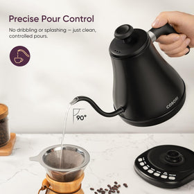 Cosori CO108-NK preset panel showing five temperature options for brewing.