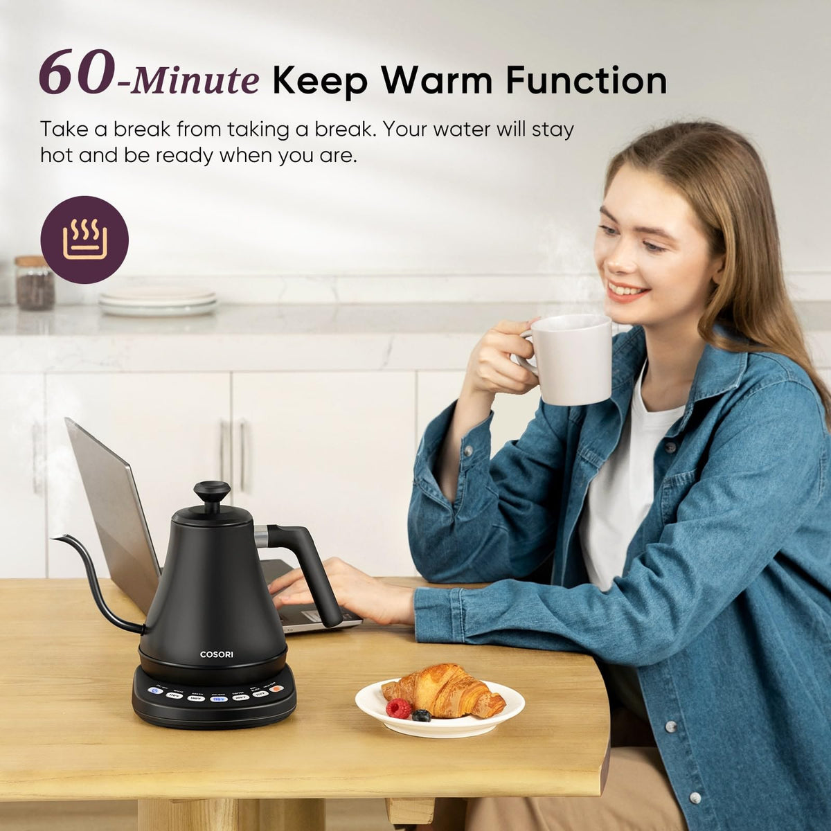 Hold-temp function on Cosori CO108-NK keeps drinks warm for up to one hour.