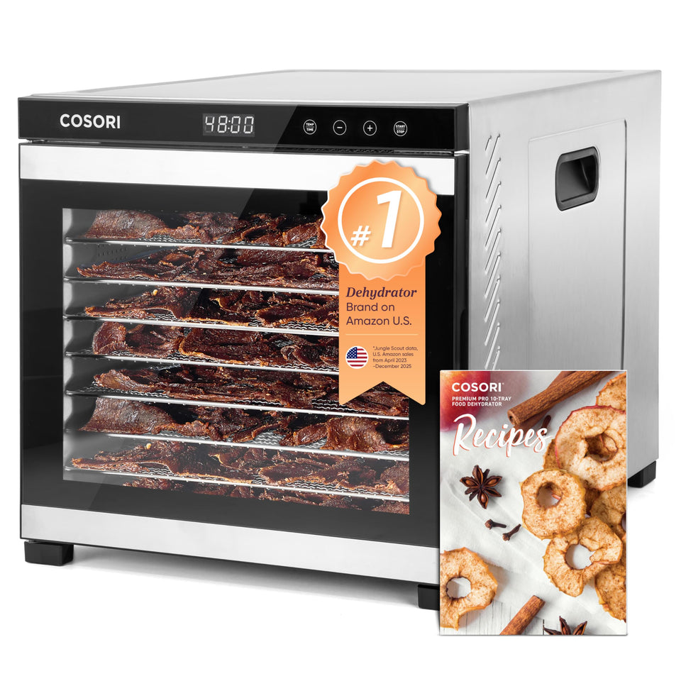 COSORI dehydrator with 10-tray front view for efficient batch drying.