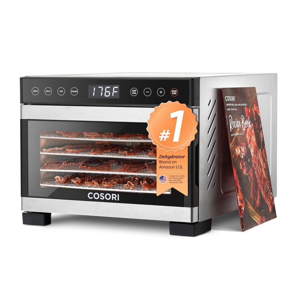 Cosori dehydrator front view on a kitchen counter for quick jerky prep