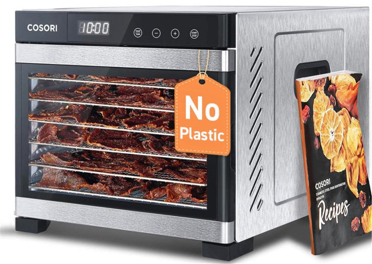 Cosori dehydrator six-tray design highlights ample drying space for snacks and herbs.