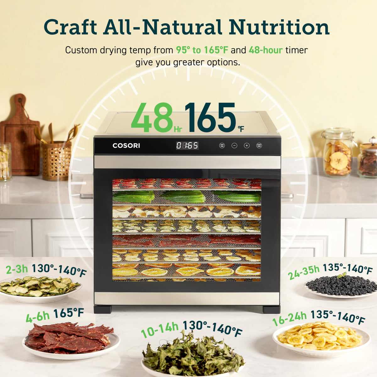 COSORI stainless steel trays ensure durable, easy-to-clean dehydration.