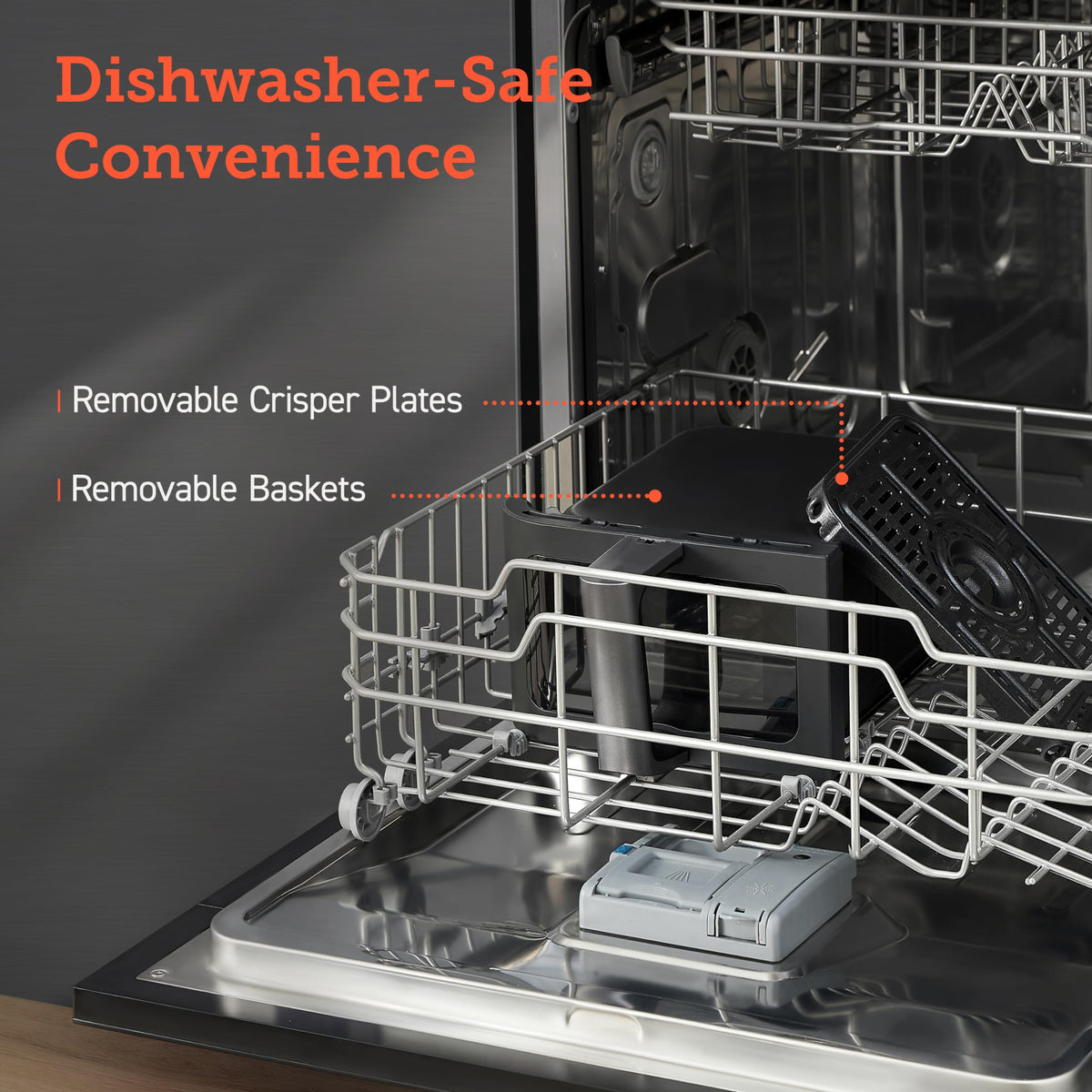 Cosori 9Qt dishwasher-safe baskets enable quick cleanup after meals.