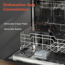 Cosori 9Qt dishwasher-safe baskets enable quick cleanup after meals.