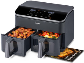 Cosori Dual Basket 9Qt air fryer front windows for meal monitoring.