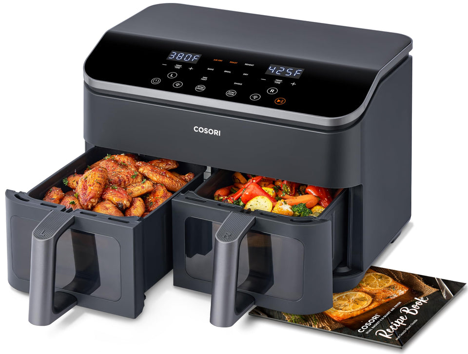 Cosori Dual Basket 9Qt air fryer front windows for meal monitoring.