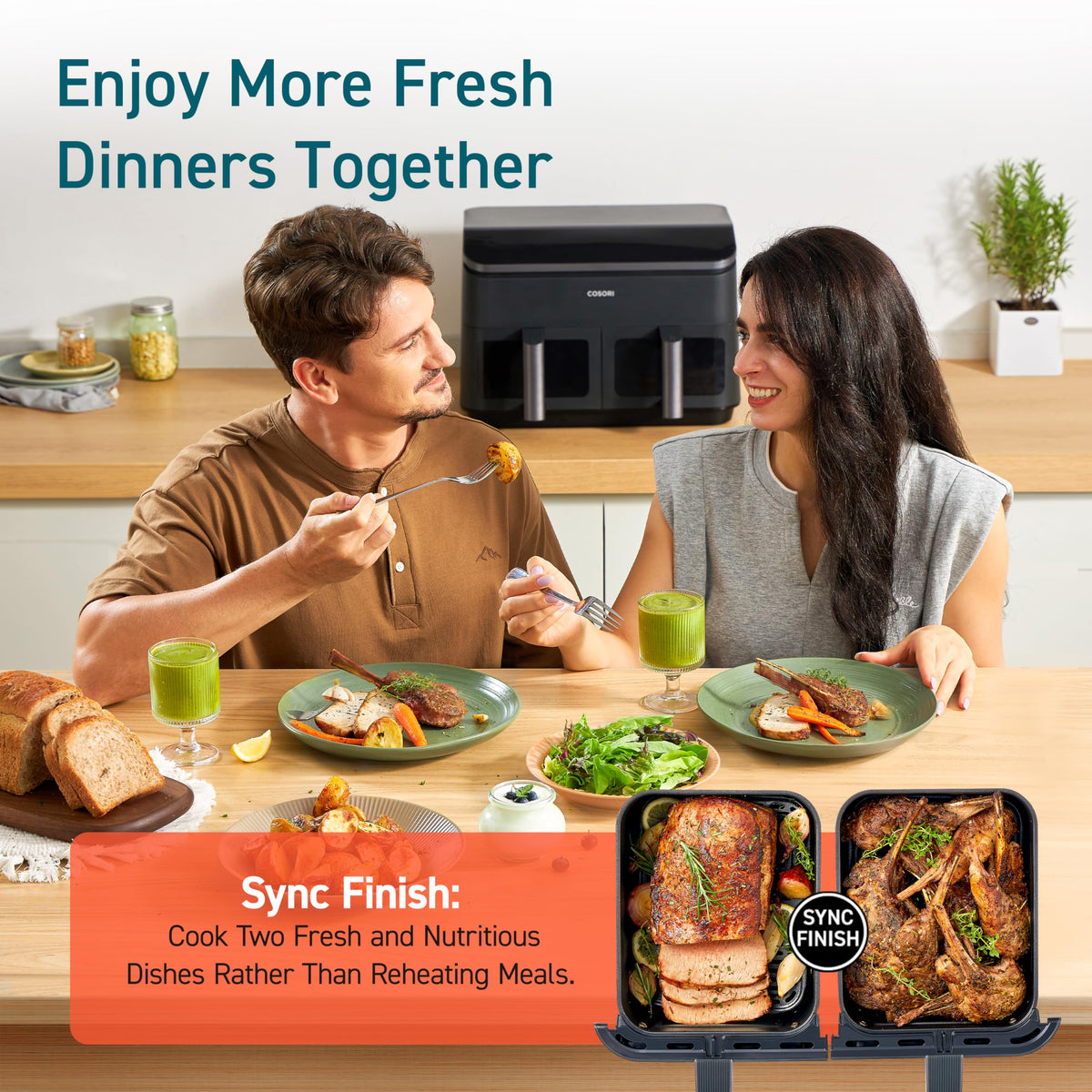 Cosori 9Qt two baskets cook a full family meal together.