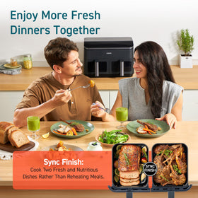 Cosori 9Qt two baskets cook a full family meal together.
