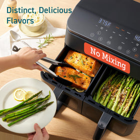 Cosori 9Qt precision controls include preheat and shake for consistent results.