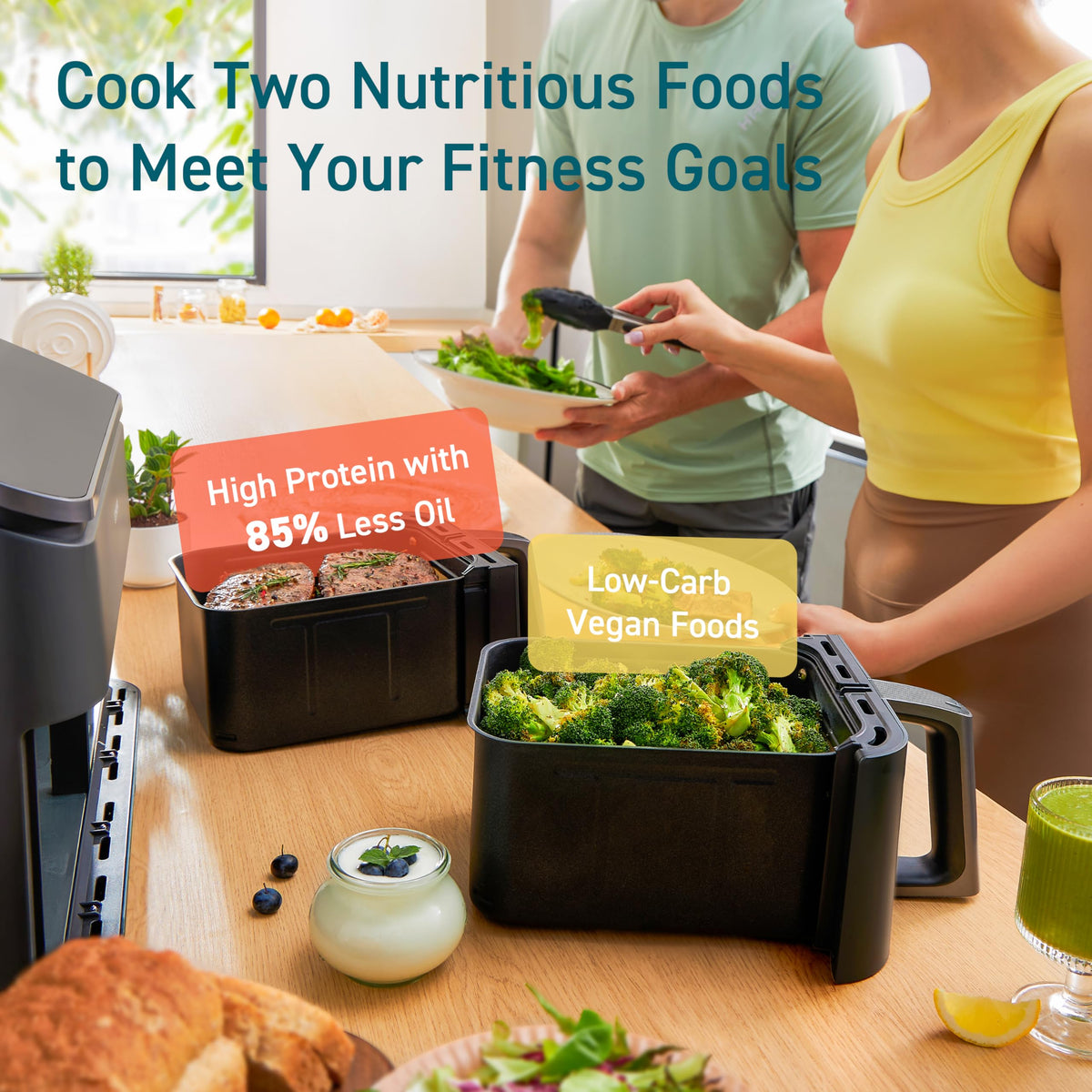 Cosori 9Qt double baskets keep foods separate for better flavor.