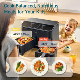 Cosori Dual Basket 9Qt with Sync Cook and Sync Finish for coordinated cooking.