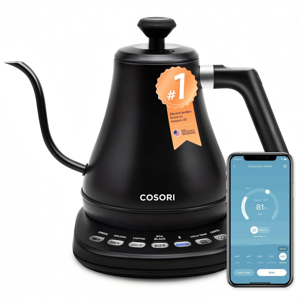 Cosori electric gooseneck kettle with matte black finish for precise pour over brewing