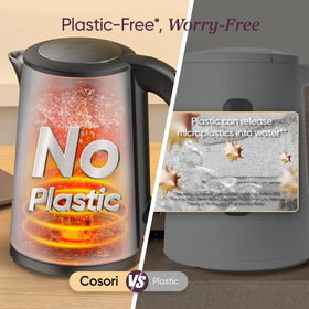 Cosori kettle featuring a two-level lid for safe filling and cleaning.