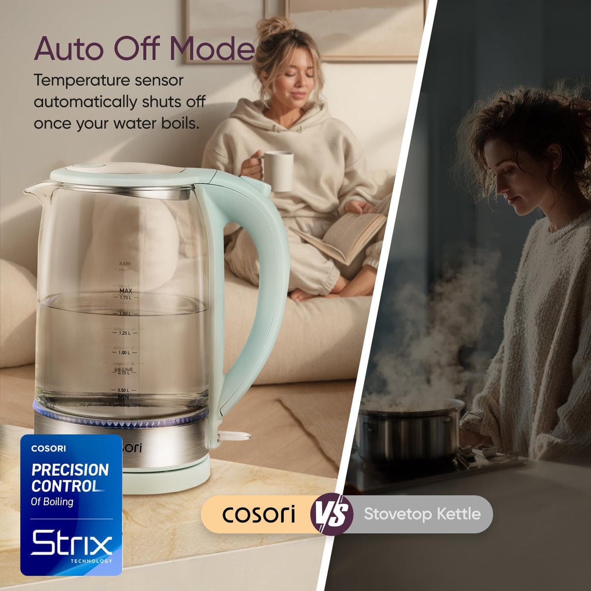 Cosori blue LED glows during boiling for clear visibility.