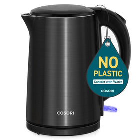 Cosori electric kettle with double-wall design keeps water hot safely.