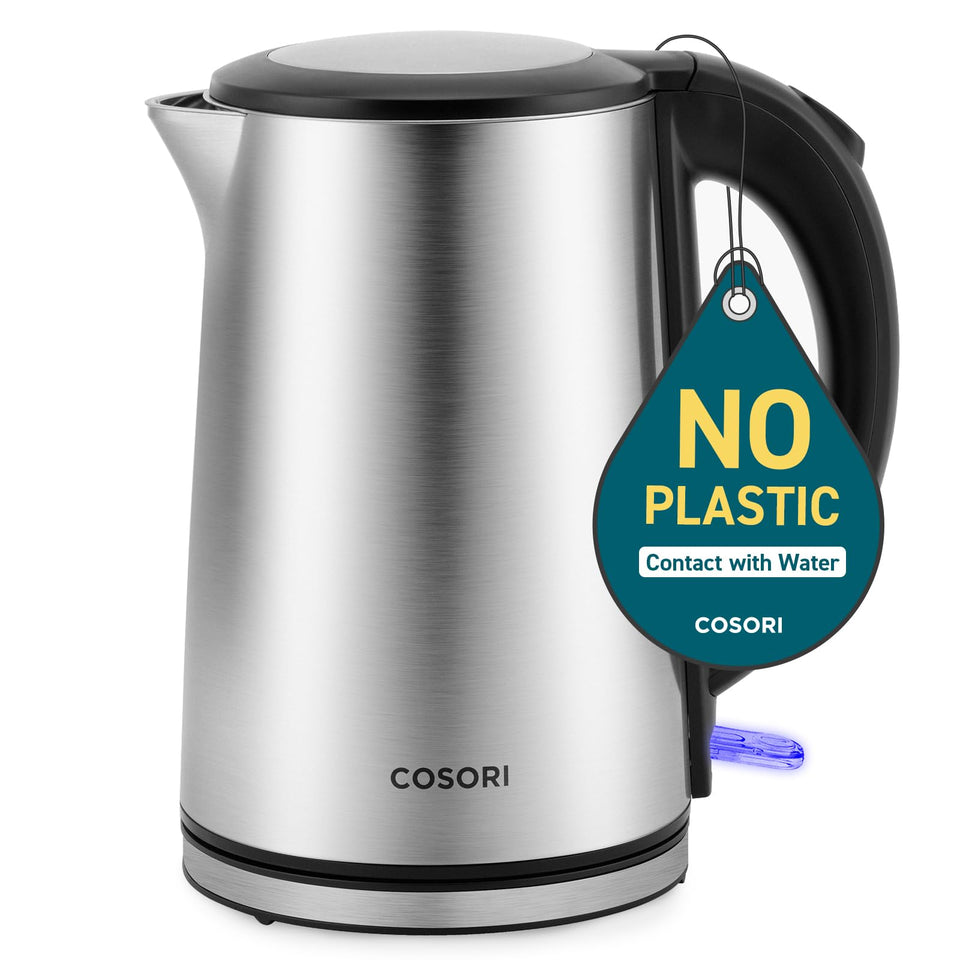 Cosori electric kettle with double-wall design keeps water warm longer.
