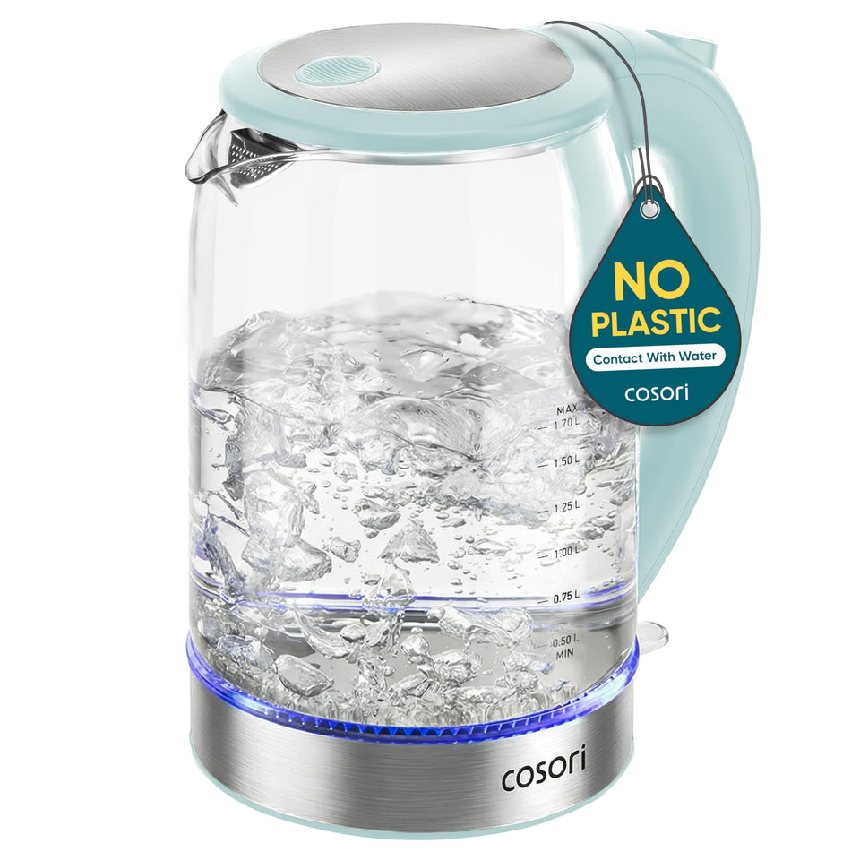 Cosori electric kettle with no plastic contact for pure-tasting water.