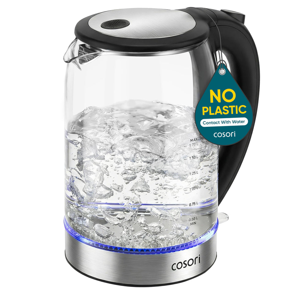 Cosori electric kettle with no plastic contact for pure-tasting water.