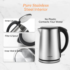 Cosori kettle with seamless inner shell for easy cleaning and odor control.