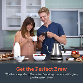 Cosori gooseneck kettle full kettle on counter ready for coffee