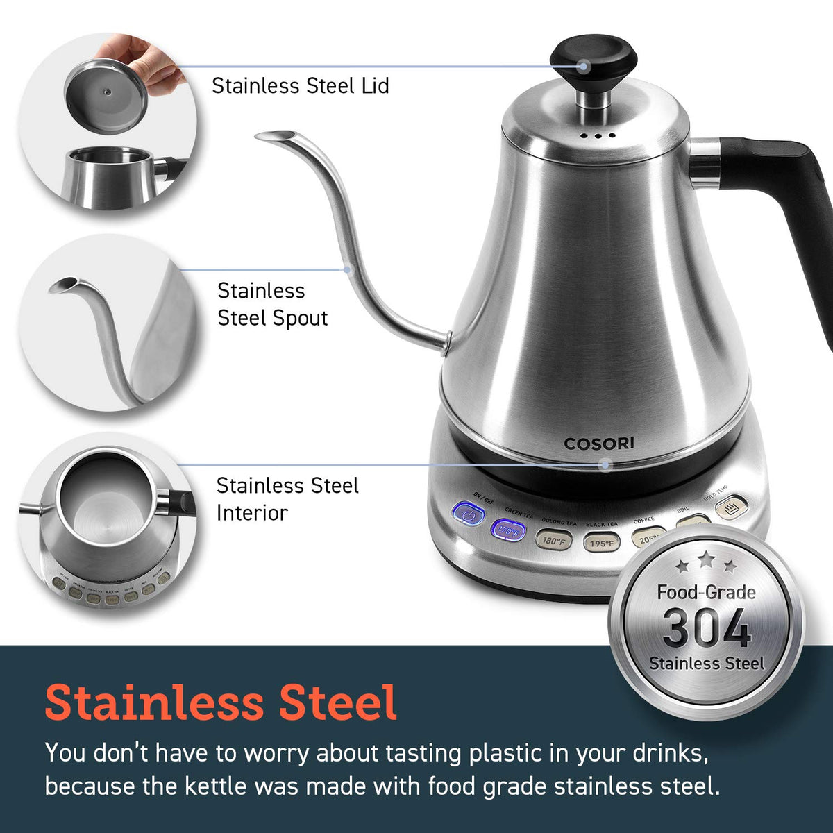 Cosori gooseneck kettle inner lid and bottom, 100% stainless steel