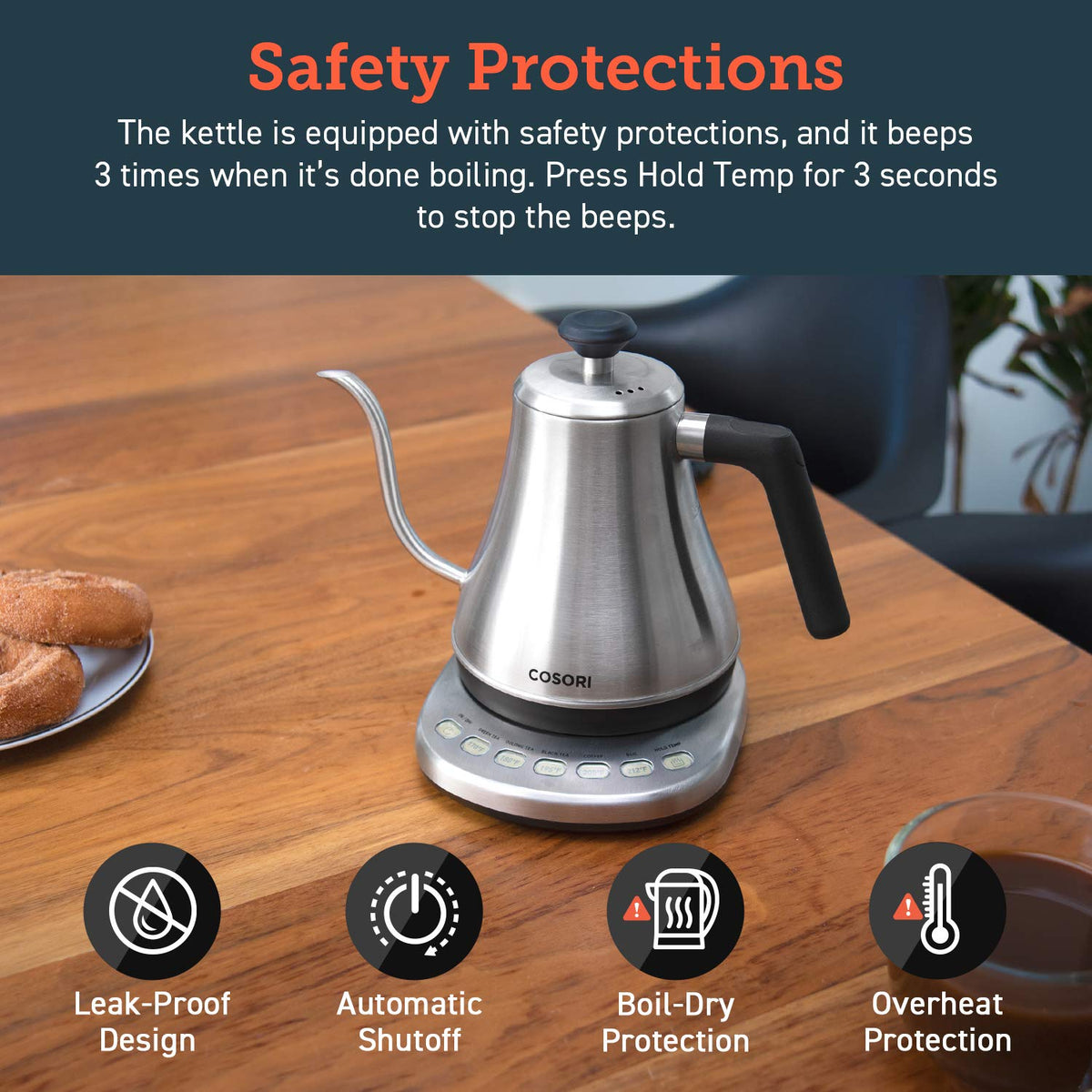 Cosori gooseneck kettle keep-warm function maintains temperature for guests