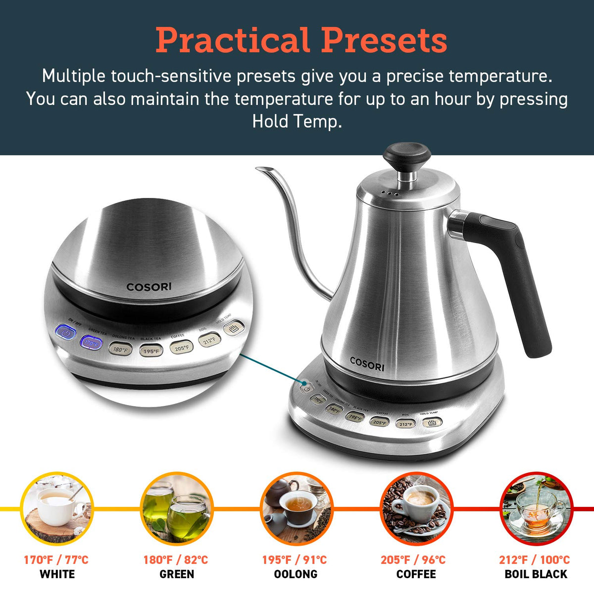 Cosori gooseneck kettle outer silver finish adds modern kitchen style