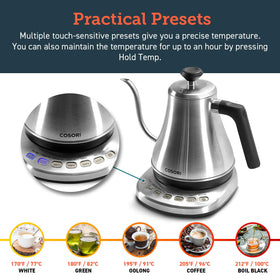 Cosori gooseneck kettle outer silver finish adds modern kitchen style