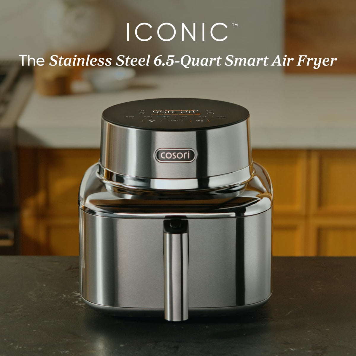 Cosori Iconic air fryer front panel and controls for precise timing.