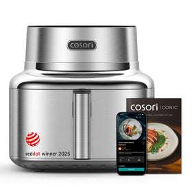 Cosori Iconic stainless steel air fryer body on counter for clean cooking.