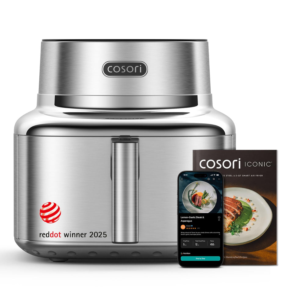 Cosori Iconic stainless steel air fryer body on counter for clean cooking.