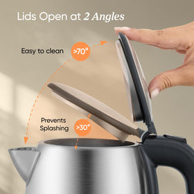 Cosori kettle 30-degree lid opening reduces splashing during pouring.
