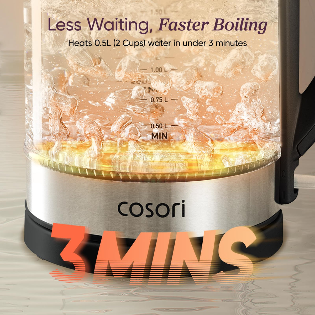 Cosori dual-angle lid design reduces splashes during pouring.