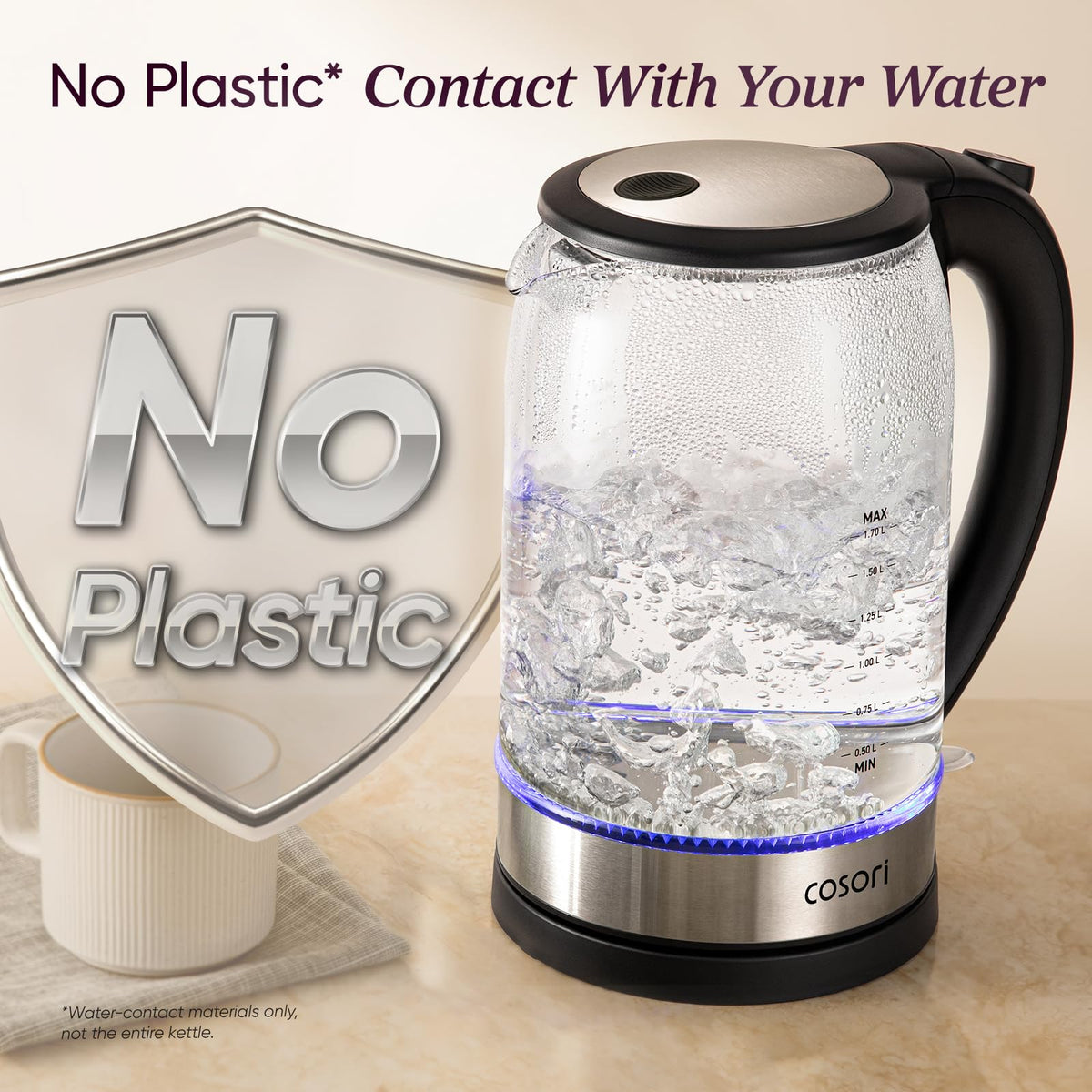 Cosori kettle wide-mouth design enables easy cleaning and filling.