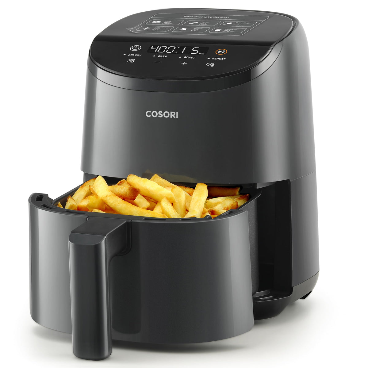 Cosori 2.1 qt mini air fryer front view in a dorm-friendly kitchen, compact and ready for quick meals.