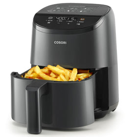 Cosori 2.1 qt mini air fryer front view in a dorm-friendly kitchen, compact and ready for quick meals.