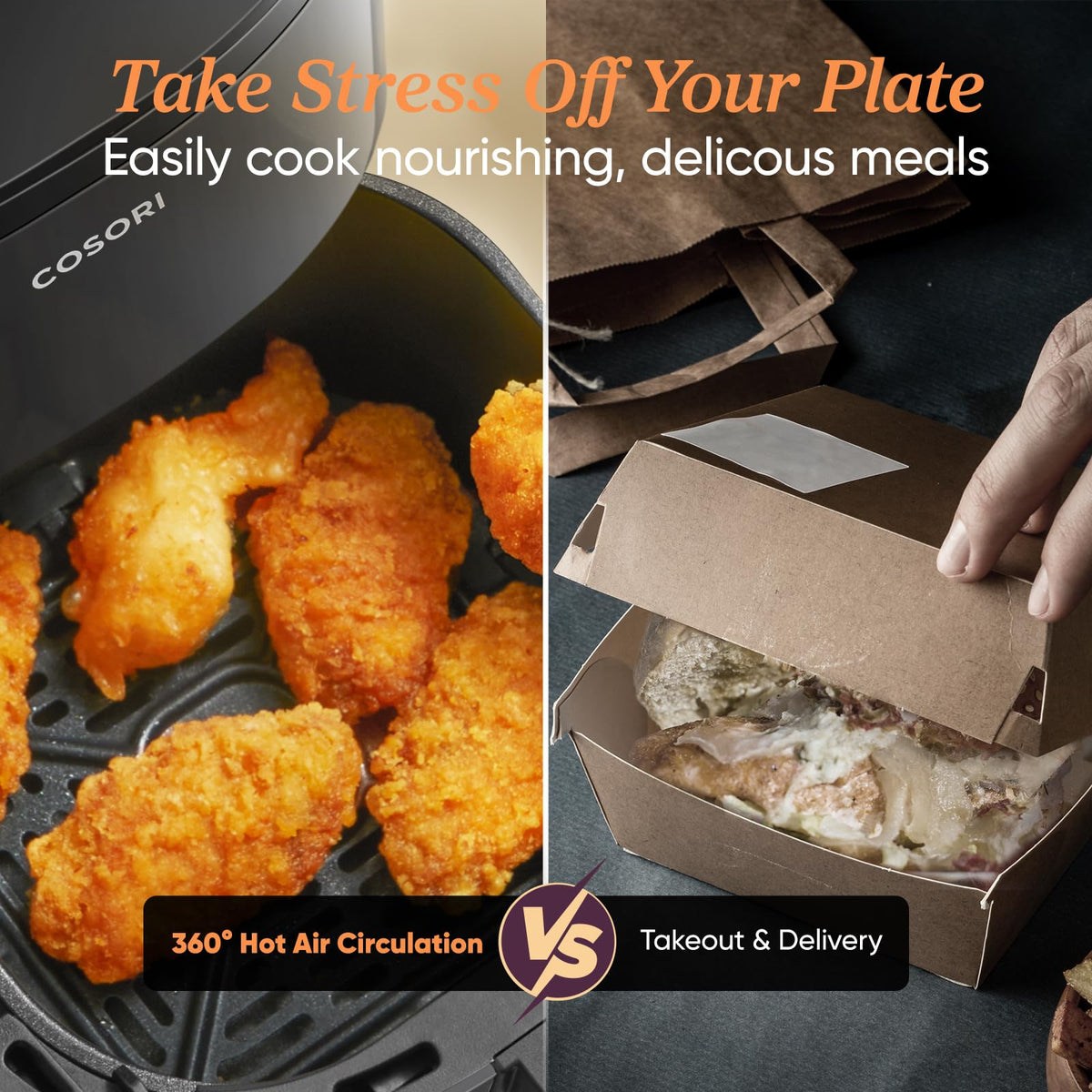 Cosori 2.1 qt air fryer reheat function in action for crispy leftovers.