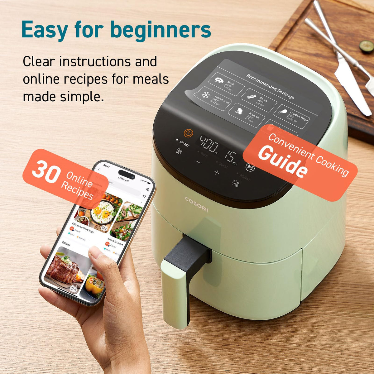 Cosori Lite app provides 30 recipes with nutrition facts for planning.