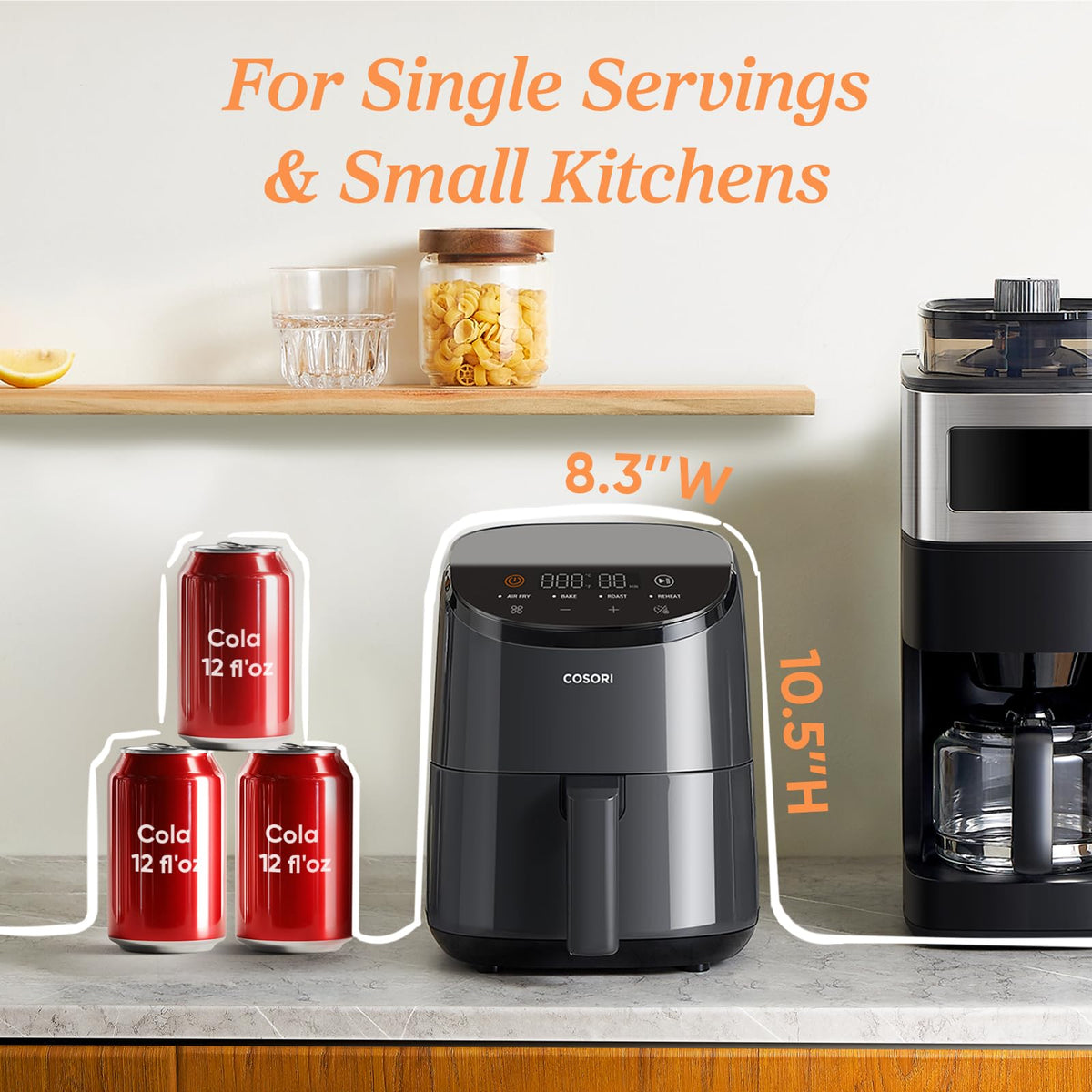Cosori Lite compact design on the kitchen counter highlights space-saving convenience.