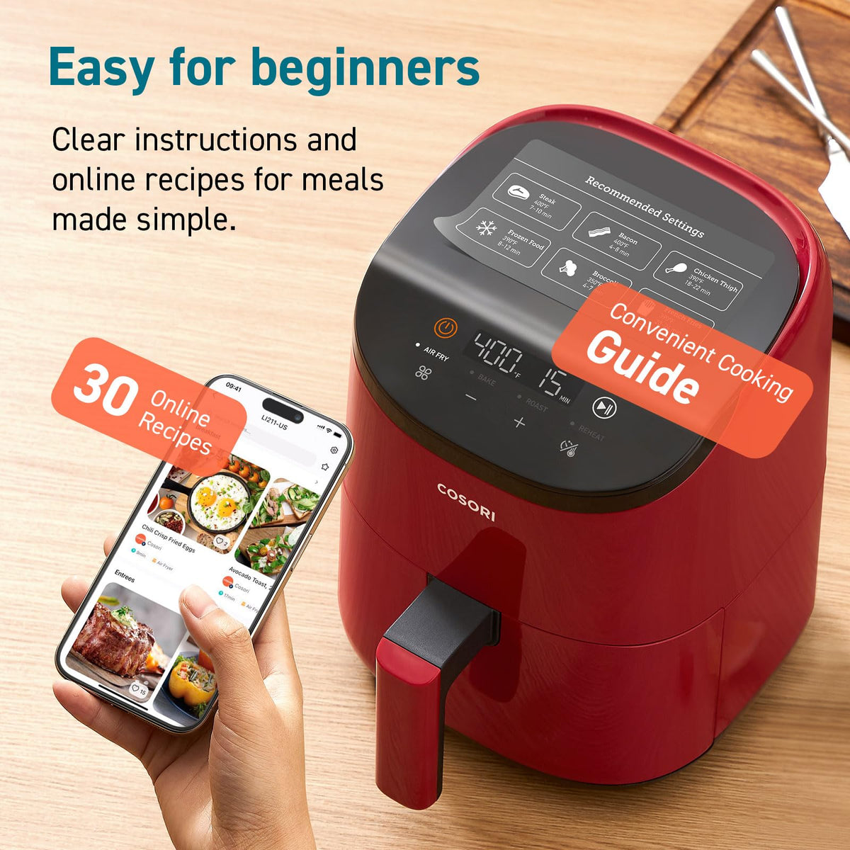 Cosori Lite dishwasher-safe basket image shows easy cleanup after meals.