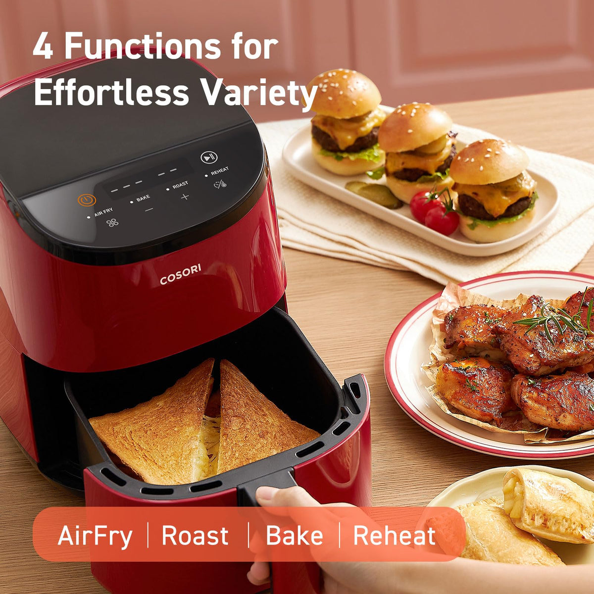 Cosori Lite quiet operation image demonstrates silent performance during cooking.