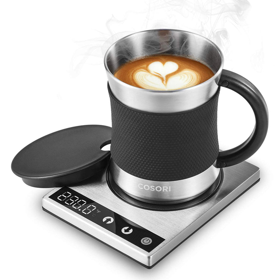 Cosori mug warmer desk setup showcasing extended beverage warmth for focused work