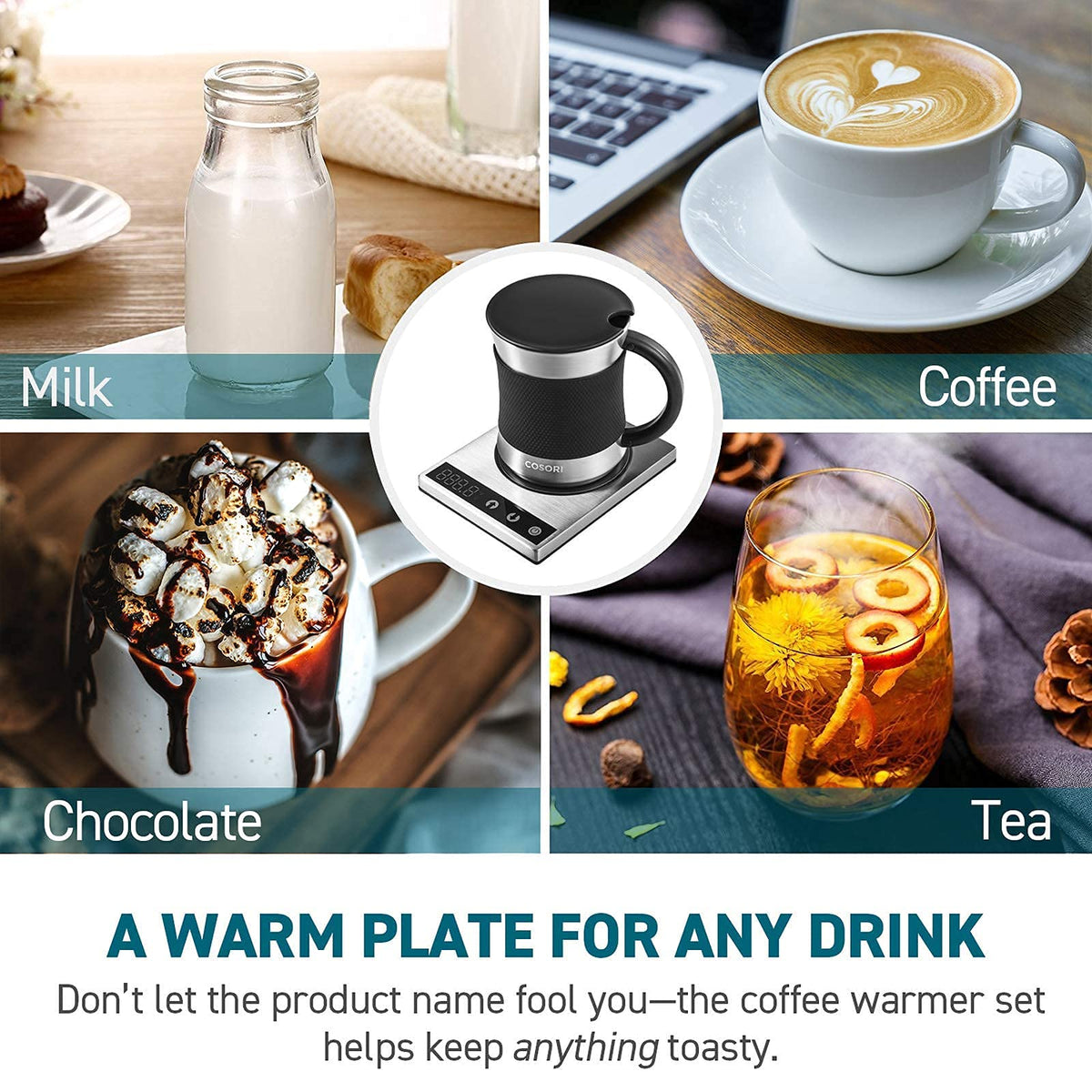 Cosori mug warmer LCD display highlighting precise temperature control for any desk setting