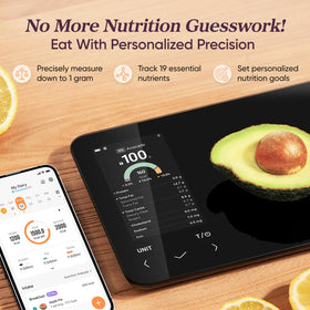 Cosori Nutrilens scale screen shows calories and macros for meals.
