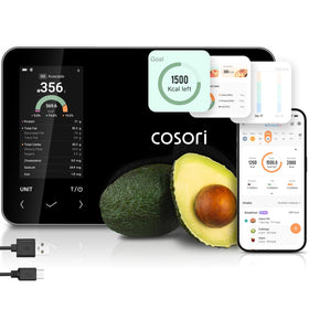Cosori Nutrilens scale on kitchen counter displaying meal nutrition.