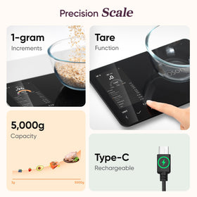 Cosori Nutrilens scale measures ingredients with gram precision.
