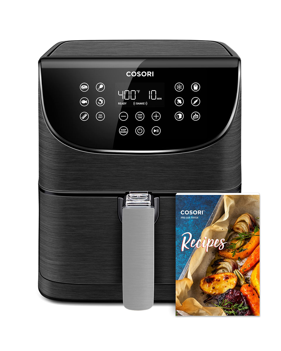 Cosori Pro Gen 2 air fryer front view, sleek black design for quick weeknight meals.