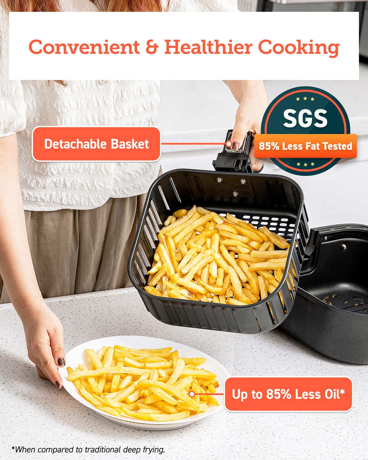 Cosori Pro Gen 2 drawer-style basket for easy, dishwasher-safe cleanup.