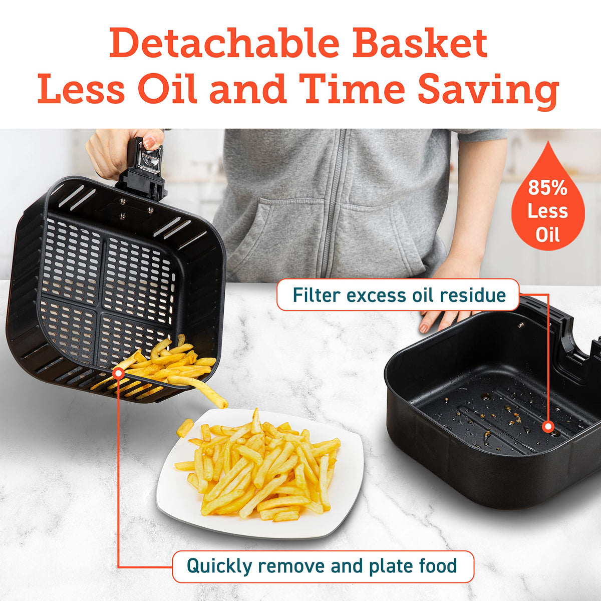 Cosori Pro II dishwasher-safe basket simplifies post-cook cleanup.