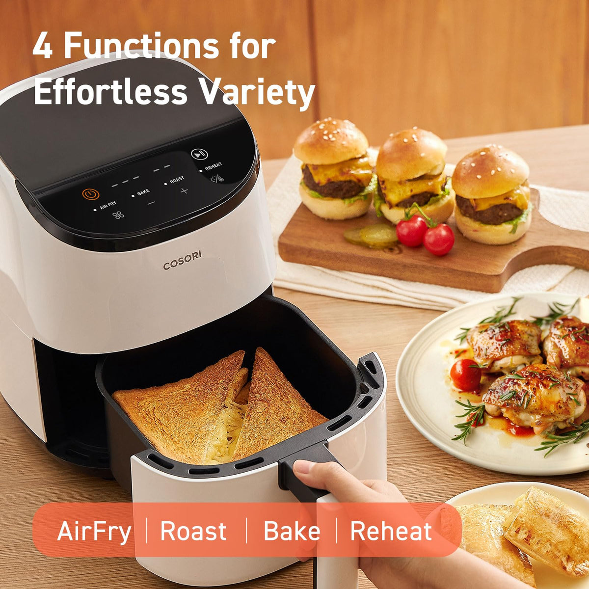 Cosori quiet operation demonstrates peaceful cooking under 48dB.